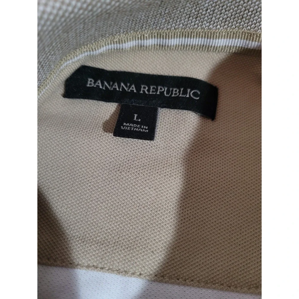 Banana Republic‎ Polo Shirt Mens Large Khaki White Striped Elephant Logo